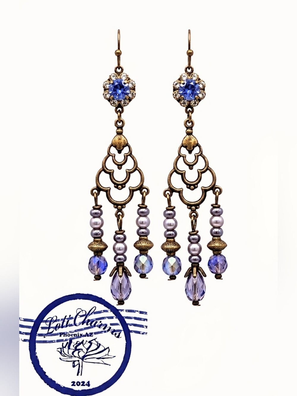 Victorian Chandelier Earrings In Tanzanite Purple Crystal Flowers In Brass